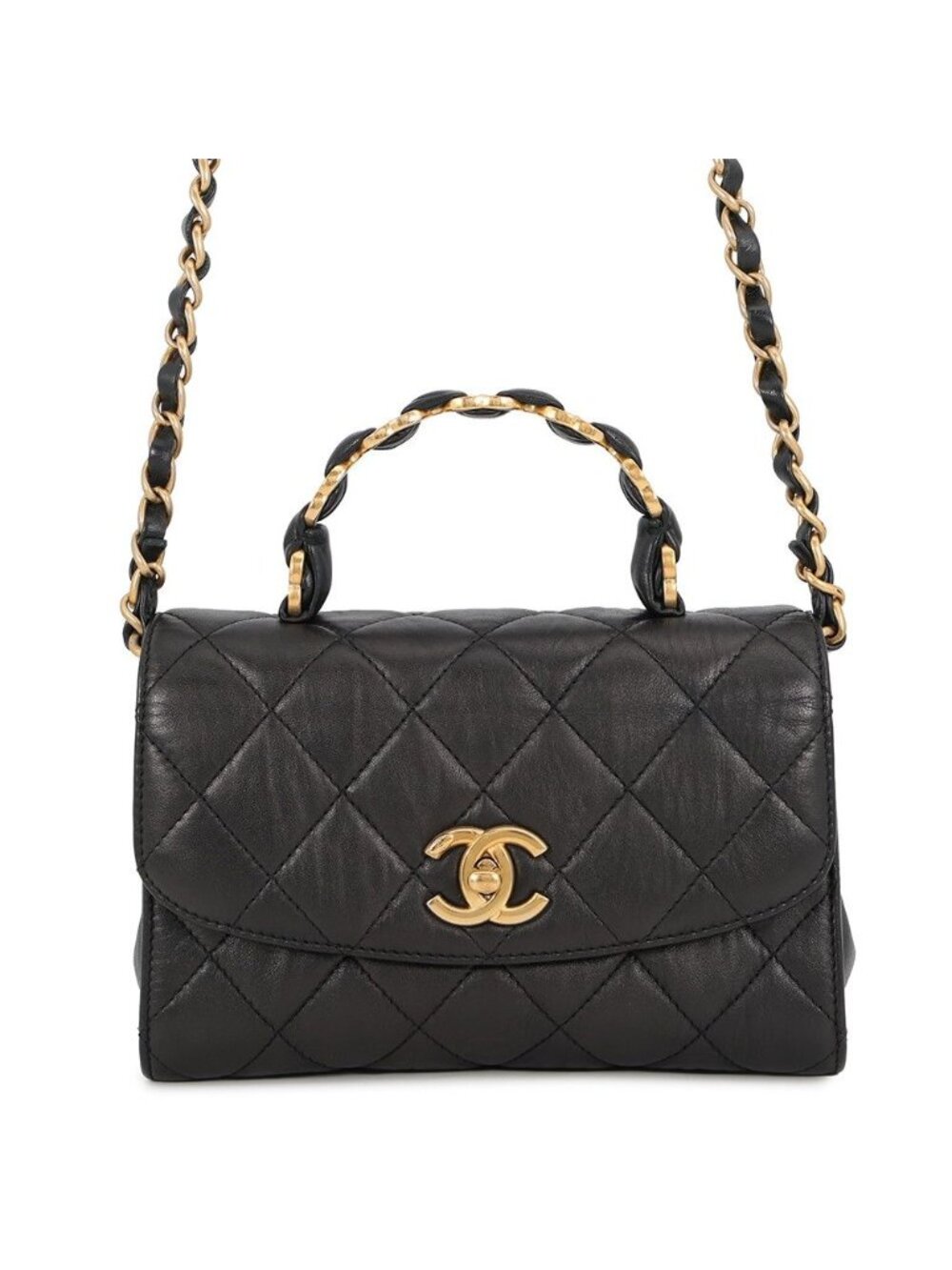 Chanel Chain Shoulder Bag Quilted Top Handle Crumple Lambskin 2-Way Black